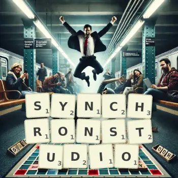 Kreative Illustration für ein Scrabble-Spiel, bei dem das Wort SYNCHRONSTUDIO mit Steinen auf dem Brett gelegt wurde.
