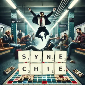 Kreative Illustration für ein Scrabble-Spiel, bei dem das Wort SYNECHIE mit Steinen auf dem Brett gelegt wurde.