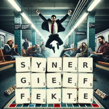 Kreative Illustration für ein Scrabble-Spiel, bei dem das Wort SYNERGIEEFFEKTE mit Steinen auf dem Brett gelegt wurde.