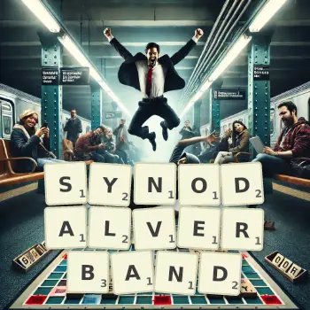 Kreative Illustration für ein Scrabble-Spiel, bei dem das Wort SYNODALVERBAND mit Steinen auf dem Brett gelegt wurde.