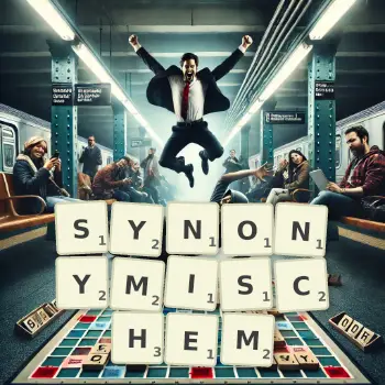 Kreative Illustration für ein Scrabble-Spiel, bei dem das Wort SYNONYMISCHEM mit Steinen auf dem Brett gelegt wurde.