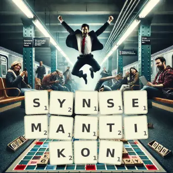 Kreative Illustration für ein Scrabble-Spiel, bei dem das Wort SYNSEMANTIKON mit Steinen auf dem Brett gelegt wurde.