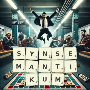 Kreative Illustration für ein Scrabble-Spiel, bei dem das Wort SYNSEMANTIKUM mit Steinen auf dem Brett gelegt wurde.