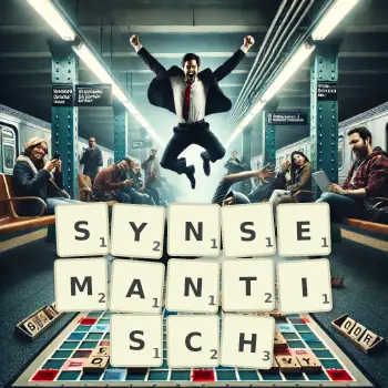 Kreative Illustration für ein Scrabble-Spiel, bei dem das Wort SYNSEMANTISCH mit Steinen auf dem Brett gelegt wurde.