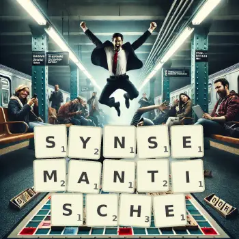 Kreative Illustration für ein Scrabble-Spiel, bei dem das Wort SYNSEMANTISCHE mit Steinen auf dem Brett gelegt wurde.