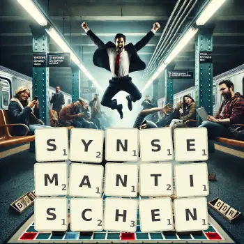 Kreative Illustration für ein Scrabble-Spiel, bei dem das Wort SYNSEMANTISCHEN mit Steinen auf dem Brett gelegt wurde.