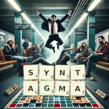 Kreative Illustration für ein Scrabble-Spiel, bei dem das Wort SYNTAGMA mit Steinen auf dem Brett gelegt wurde.