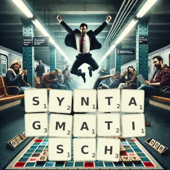 Kreative Illustration für ein Scrabble-Spiel, bei dem das Wort SYNTAGMATISCH mit Steinen auf dem Brett gelegt wurde.