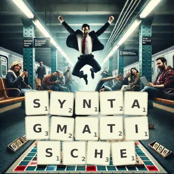 Kreative Illustration für ein Scrabble-Spiel, bei dem das Wort SYNTAGMATISCHE mit Steinen auf dem Brett gelegt wurde.