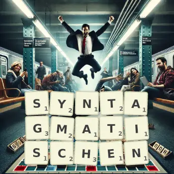Kreative Illustration für ein Scrabble-Spiel, bei dem das Wort SYNTAGMATISCHEN mit Steinen auf dem Brett gelegt wurde.