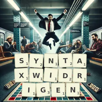 Kreative Illustration für ein Scrabble-Spiel, bei dem das Wort SYNTAXWIDRIGEN mit Steinen auf dem Brett gelegt wurde.