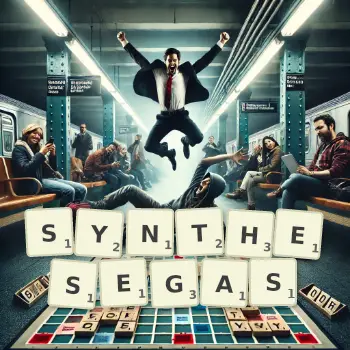 Kreative Illustration für ein Scrabble-Spiel, bei dem das Wort SYNTHESEGAS mit Steinen auf dem Brett gelegt wurde.