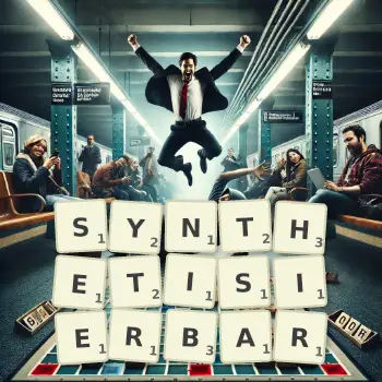 Kreative Illustration für ein Scrabble-Spiel, bei dem das Wort SYNTHETISIERBAR mit Steinen auf dem Brett gelegt wurde.
