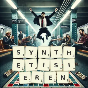 Kreative Illustration für ein Scrabble-Spiel, bei dem das Wort SYNTHETISIEREN mit Steinen auf dem Brett gelegt wurde.