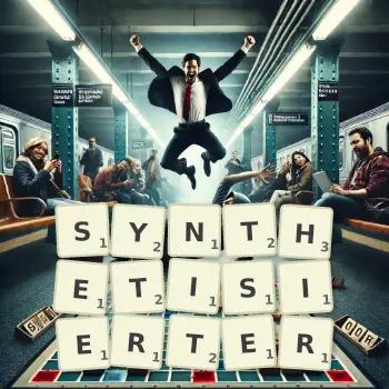 Kreative Illustration für ein Scrabble-Spiel, bei dem das Wort SYNTHETISIERTER mit Steinen auf dem Brett gelegt wurde.