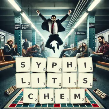 Kreative Illustration für ein Scrabble-Spiel, bei dem das Wort SYPHILITISCHEM mit Steinen auf dem Brett gelegt wurde.