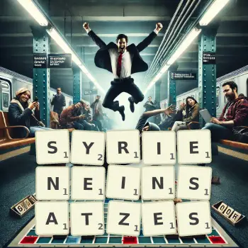 Kreative Illustration für ein Scrabble-Spiel, bei dem das Wort SYRIENEINSATZES mit Steinen auf dem Brett gelegt wurde.
