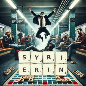 Kreative Illustration für ein Scrabble-Spiel, bei dem das Wort SYRIERIN mit Steinen auf dem Brett gelegt wurde.