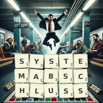 Kreative Illustration für ein Scrabble-Spiel, bei dem das Wort SYSTEMABSCHLUSS mit Steinen auf dem Brett gelegt wurde.