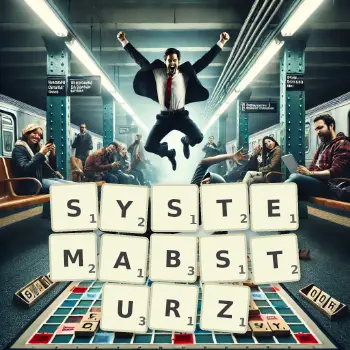 Kreative Illustration für ein Scrabble-Spiel, bei dem das Wort SYSTEMABSTURZ mit Steinen auf dem Brett gelegt wurde.