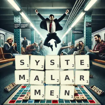 Kreative Illustration für ein Scrabble-Spiel, bei dem das Wort SYSTEMALARMEN mit Steinen auf dem Brett gelegt wurde.