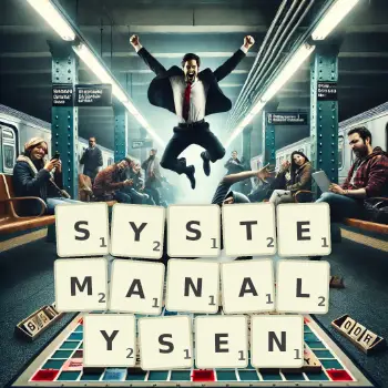 Kreative Illustration für ein Scrabble-Spiel, bei dem das Wort SYSTEMANALYSEN mit Steinen auf dem Brett gelegt wurde.