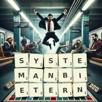 Kreative Illustration für ein Scrabble-Spiel, bei dem das Wort SYSTEMANBIETERN mit Steinen auf dem Brett gelegt wurde.