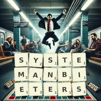 Kreative Illustration für ein Scrabble-Spiel, bei dem das Wort SYSTEMANBIETERS mit Steinen auf dem Brett gelegt wurde.