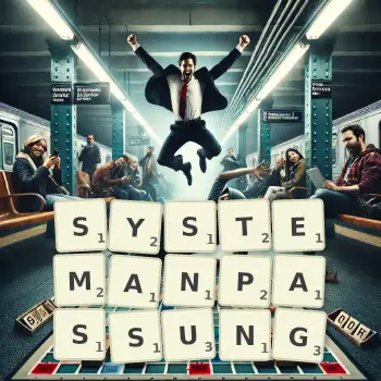 Kreative Illustration für ein Scrabble-Spiel, bei dem das Wort SYSTEMANPASSUNG mit Steinen auf dem Brett gelegt wurde.