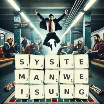 Kreative Illustration für ein Scrabble-Spiel, bei dem das Wort SYSTEMANWEISUNG mit Steinen auf dem Brett gelegt wurde.