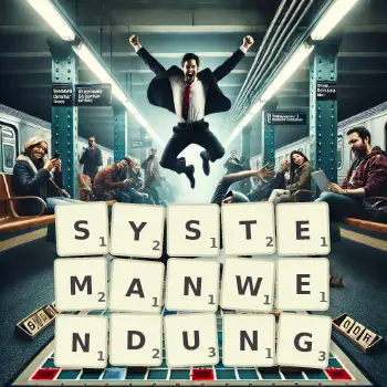 Kreative Illustration für ein Scrabble-Spiel, bei dem das Wort SYSTEMANWENDUNG mit Steinen auf dem Brett gelegt wurde.