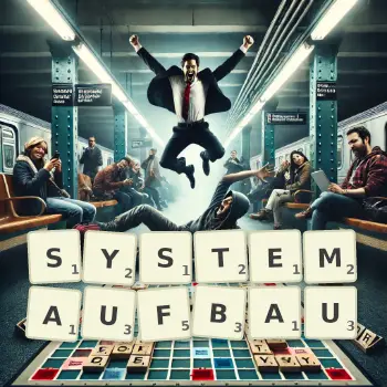 Kreative Illustration für ein Scrabble-Spiel, bei dem das Wort SYSTEMAUFBAU mit Steinen auf dem Brett gelegt wurde.