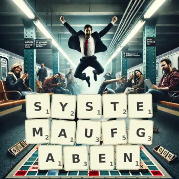 Kreative Illustration für ein Scrabble-Spiel, bei dem das Wort SYSTEMAUFGABEN mit Steinen auf dem Brett gelegt wurde.