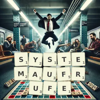Kreative Illustration für ein Scrabble-Spiel, bei dem das Wort SYSTEMAUFRUFE mit Steinen auf dem Brett gelegt wurde.