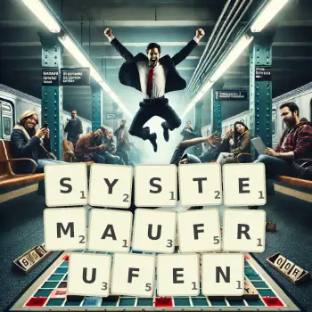 Kreative Illustration für ein Scrabble-Spiel, bei dem das Wort SYSTEMAUFRUFEN mit Steinen auf dem Brett gelegt wurde.