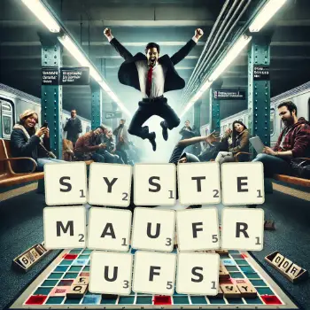 Kreative Illustration für ein Scrabble-Spiel, bei dem das Wort SYSTEMAUFRUFS mit Steinen auf dem Brett gelegt wurde.