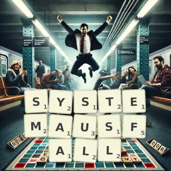 Kreative Illustration für ein Scrabble-Spiel, bei dem das Wort SYSTEMAUSFALL mit Steinen auf dem Brett gelegt wurde.