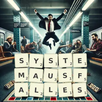 Kreative Illustration für ein Scrabble-Spiel, bei dem das Wort SYSTEMAUSFALLES mit Steinen auf dem Brett gelegt wurde.