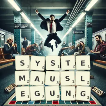 Kreative Illustration für ein Scrabble-Spiel, bei dem das Wort SYSTEMAUSLEGUNG mit Steinen auf dem Brett gelegt wurde.