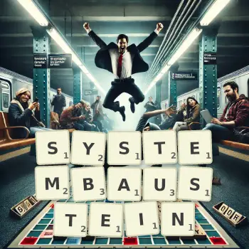 Kreative Illustration für ein Scrabble-Spiel, bei dem das Wort SYSTEMBAUSTEIN mit Steinen auf dem Brett gelegt wurde.