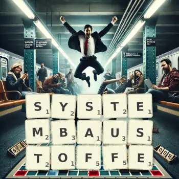 Kreative Illustration für ein Scrabble-Spiel, bei dem das Wort SYSTEMBAUSTOFFE mit Steinen auf dem Brett gelegt wurde.