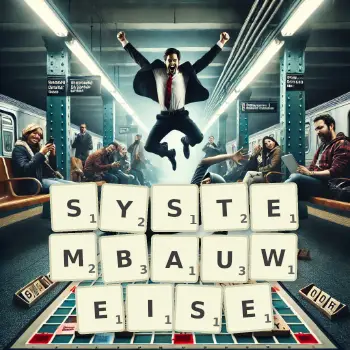 Kreative Illustration für ein Scrabble-Spiel, bei dem das Wort SYSTEMBAUWEISE mit Steinen auf dem Brett gelegt wurde.