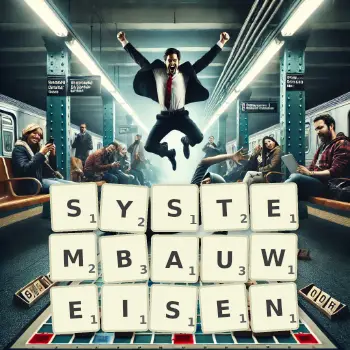 Kreative Illustration für ein Scrabble-Spiel, bei dem das Wort SYSTEMBAUWEISEN mit Steinen auf dem Brett gelegt wurde.