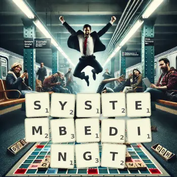 Kreative Illustration für ein Scrabble-Spiel, bei dem das Wort SYSTEMBEDINGT mit Steinen auf dem Brett gelegt wurde.