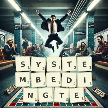 Kreative Illustration für ein Scrabble-Spiel, bei dem das Wort SYSTEMBEDINGTE mit Steinen auf dem Brett gelegt wurde.