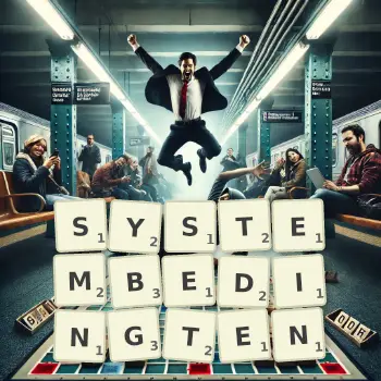 Kreative Illustration für ein Scrabble-Spiel, bei dem das Wort SYSTEMBEDINGTEN mit Steinen auf dem Brett gelegt wurde.