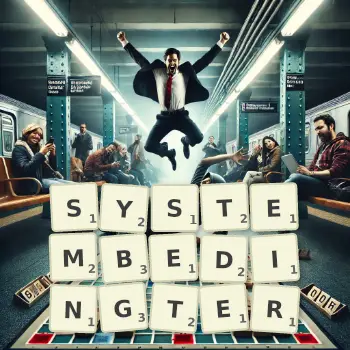 Kreative Illustration für ein Scrabble-Spiel, bei dem das Wort SYSTEMBEDINGTER mit Steinen auf dem Brett gelegt wurde.