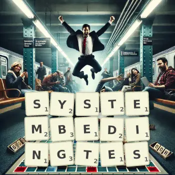 Kreative Illustration für ein Scrabble-Spiel, bei dem das Wort SYSTEMBEDINGTES mit Steinen auf dem Brett gelegt wurde.