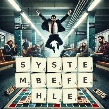 Kreative Illustration für ein Scrabble-Spiel, bei dem das Wort SYSTEMBEFEHLE mit Steinen auf dem Brett gelegt wurde.