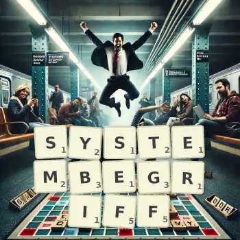 Kreative Illustration für ein Scrabble-Spiel, bei dem das Wort SYSTEMBEGRIFF mit Steinen auf dem Brett gelegt wurde.
